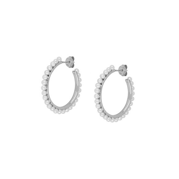 Jewelry - Silvertone Pearl-Edge Hoop Earrings - Women Jewelry